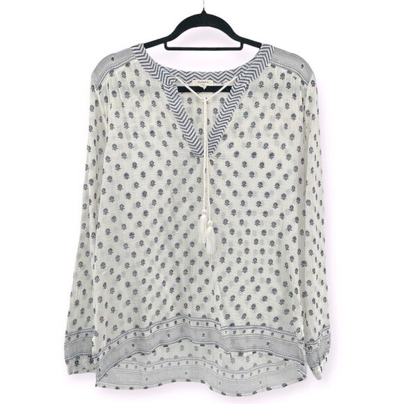 dylan Tops - Dylan Women’s Boho Printed Poet Swing Cotton Tassel Tie Blouse Top Small